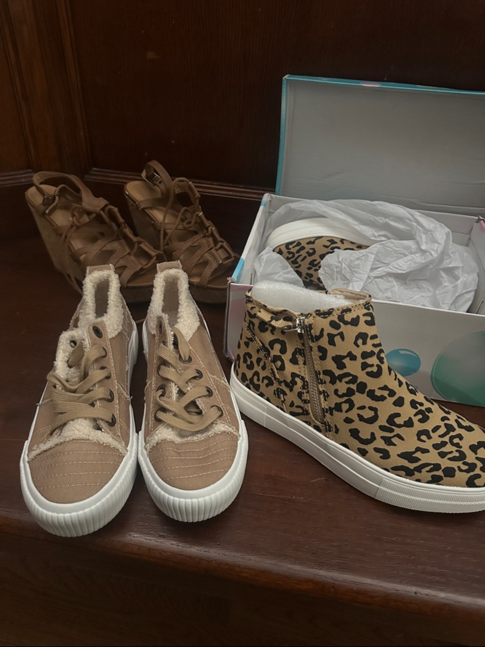 Leopard Print Zip High-Top Sneakers and Tan Sherpa Lined Sneakers and wedges